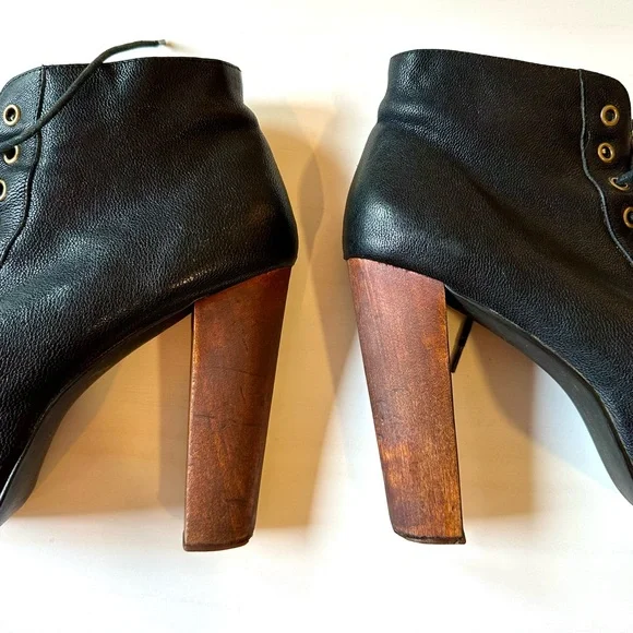 Jeffrey Campbell Black Leather Lace-Up Platform Ankle Boots with Wood Block Heel - Picture 9 of 12